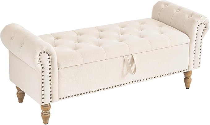 Furnimart Storage Bedroom Bench for End of Bed, Faux Linen Upholstered Storage Ottoman with Rolled Arms for Bedroom,Living Room, Entryway, 2.5Cubic Feet