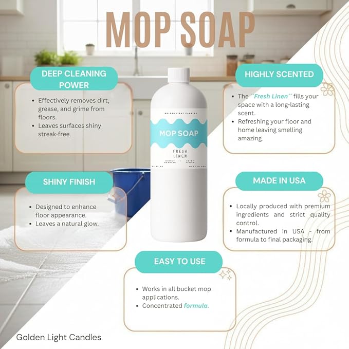 Mop Soap – Highly Scented Luxury Floor Cleaner Concentrate – Fresh Linen Scent, Leaves Floors Shiny Without Any Residue – Multi-Surface Floor Mopping Solution, Made in USA, 32 oz