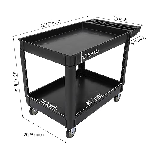Utility Service Cart 2-Shelf 500 Lbs Capacity, Heavy Duty Rolling Cart with Two Trays and Brake Wheel for Warehouse, Garage, Cleaning, Manufacturing, Storage Handle, 45"X25" Black