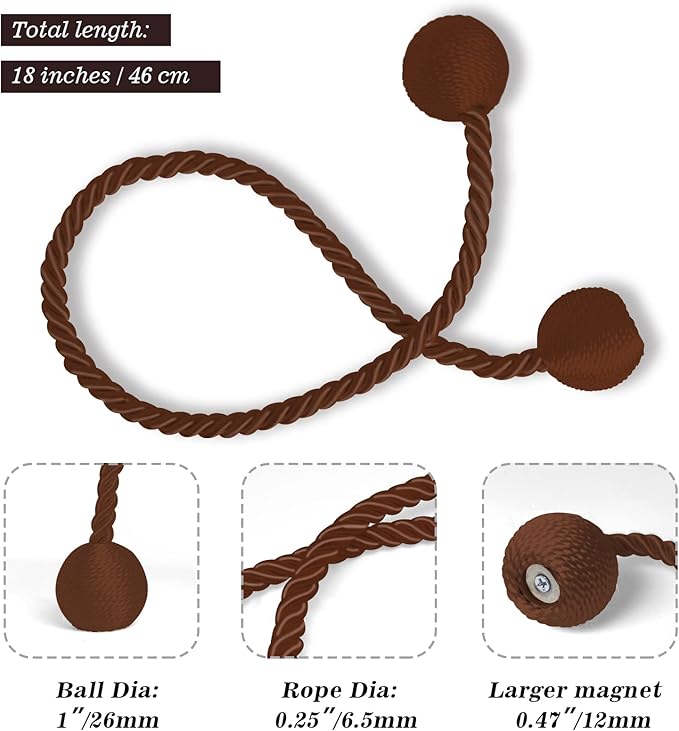 Hion Magnetic Curtain Tiebacks Dark Brown 6 Pack, Curtain Tiebacks Buckles Holdbacks Holders Hooks Clip for Home Bedroom Office Decorative Thick or Thin Curtain