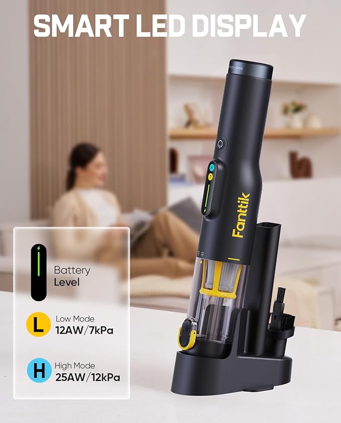 Fanttik Slim V10 Lite Cordless Handheld Vacuum, 0.98lb Lightweight with All-in-One Base Design, 12000Pa Suction & Smart LED Display, Portable Mini Vacuum Cleaner for Kitchen Table, Home, Car