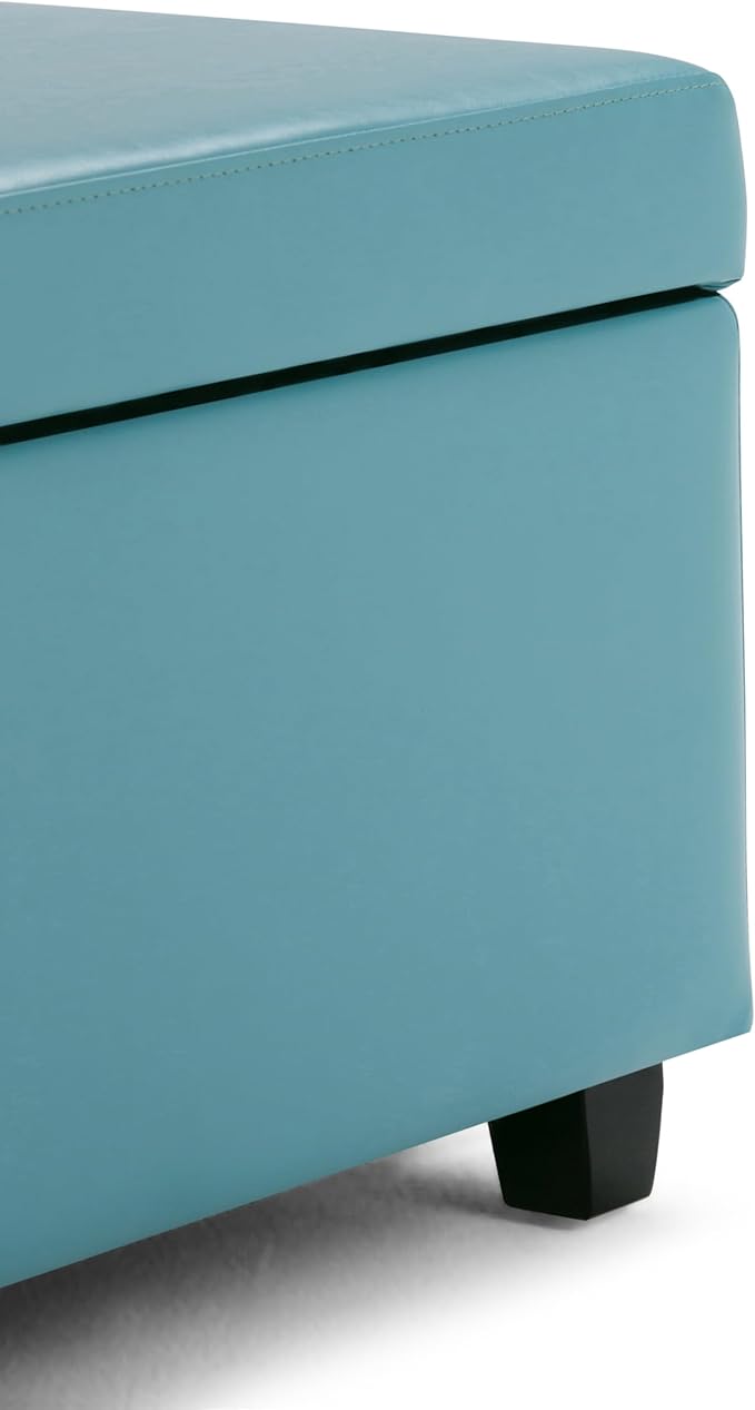 SIMPLIHOME Avalon 48 inch Wide Contemporary Rectangle Storage Ottoman Bench in Soft Blue Vegan Faux Leather, Assembled, For the Living Room, Entryway and Family Room