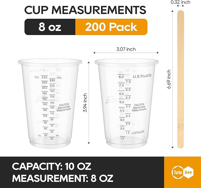 Plastic Measuring Cups 8OZ,200 PACK Disposable Mixing Cups with 200 Mixing Sticks,Paint Graduated Measuring Tumblers for Epoxy Resin, Paint Mixing, Art DIY