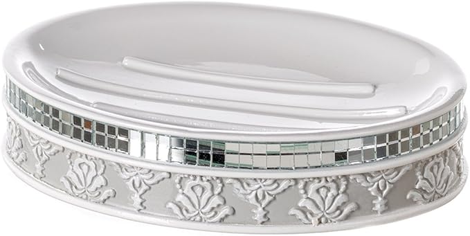 Creative Scents Mirror Damask Bathroom Accessory Set Complete - Decorative 4 Piece White and Gray Bathroom Set Includes: Soap Dispenser, Soap Dish, Toothbrush Holder and Tumbler