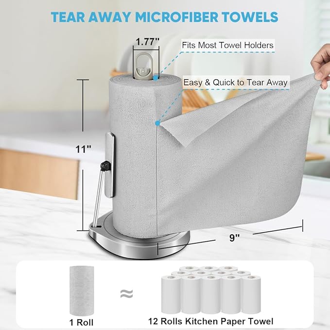 AIDEA Microfiber Cleaning Cloth Roll, Shop Towels 55 Sheets, Grey Microfiber Towels for Cars, Washable Shop Rags Reusable Paper Towel for Automotive, Workshop, House, Kitchen, Cleaning Supplies11×9"