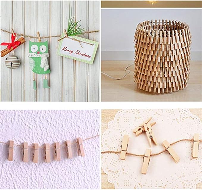 DurReus 50PCS 1.4inch Small Natural Wooden Clothespins for Pictures with Jute Twine Paper Peg Clips Photo Holders Hanging Crafts Home Wall Decor
