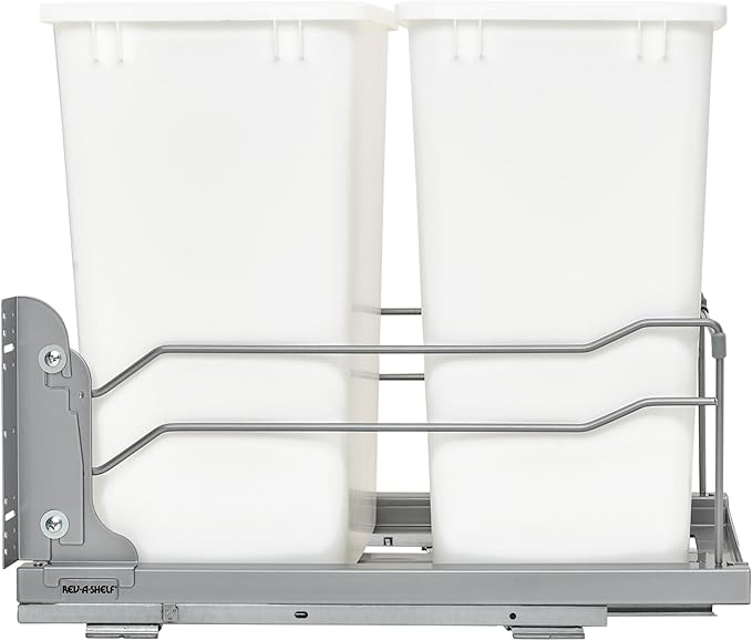 Rev-A-Shelf Double Trash Can Under Kitchen Cabinets Pullout, 35 Quart 8.75 Gallon with Soft-Close Slides, White, 53WC-1835SCDM-211