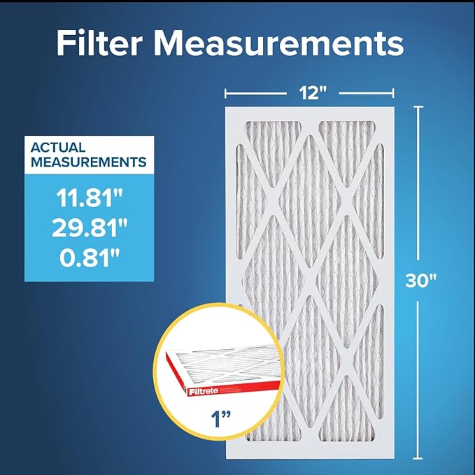Filtrete 12x30x1 AC Furnace Air Filter, MERV 11, MPR 1000, Micro Allergen Defense, 3-Month Pleated 1-Inch Electrostatic Air Cleaning Filter, 4 Pack (Actual Size 11.81 x 29.81 x 0.81 in)