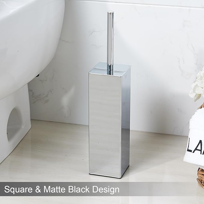 Chrome Square Stainless Steel Toilet Brush with Holder, 304 Modern Toilet Brush Set – Rust Resistant, Long Handle, Replacement Heads, Floor Standing Bathroom Toilet Cleaning Brush