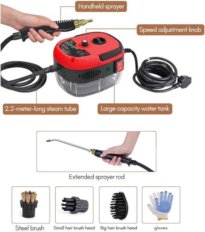 Decdeal Steam Cleaner - 2500W High Temperature Pressurized Handheld Steam Cleaning Machine with Brush Heads and Gloves, for Car Floors Kitchen Furniture Bathroom Windows
