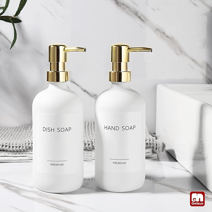 GMISUN White Soap Dispenser, 2 Pack Glass Hand Soap Dispensers Bathroom with Gold Pump, 17 Fl Oz Dish Soap Dispenser Set for Kitchen, Refillable Modern Liquid Soap and Lotion Dispensers Bottle