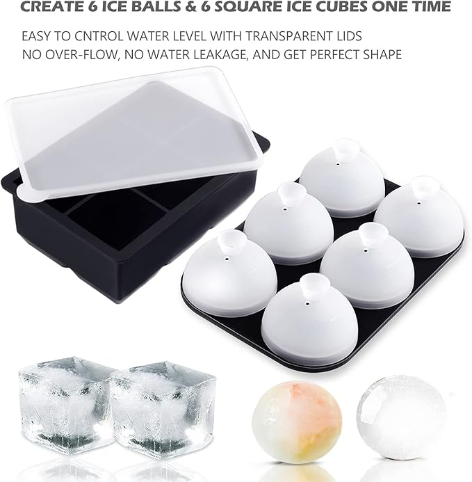 HONYAO Whiskey Cocktail Ice Mold, Easy Fill and Release Silicone Round Ice Ball Maker Mold Large Square Ice Cube Tray with Lid - 6 Ice Balls + 6 Ice Cubes Black