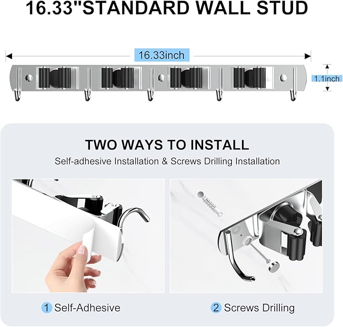 nacena Broom holder Wall Mount, 2-Pack Silver Stainless Steel Self-Adhesive Mop and Broom Hooks Heavy Duty Broom and Mop Storage Rack laundry room organization for Kitchen Garden garage