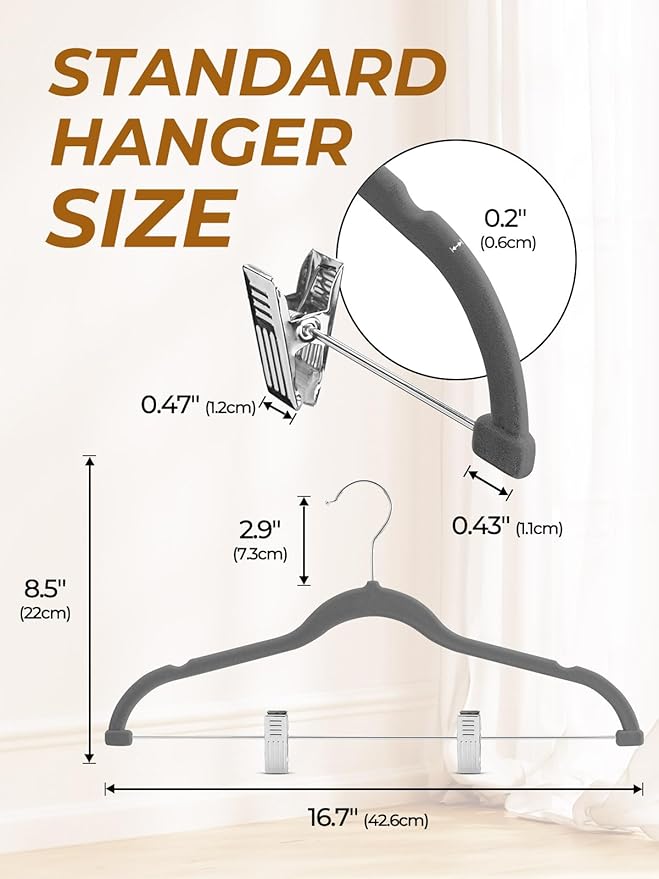 HOUSE DAY Velvet Skirt Hangers 36 Pack, Gray Velvet Hangers with Adjustable Clips, Space Saving Slim Velvet Pant Hangers, Heavy Duty Shorts Hangers, Non Slip Clip Hangers for Pants, Skirts, Shorts