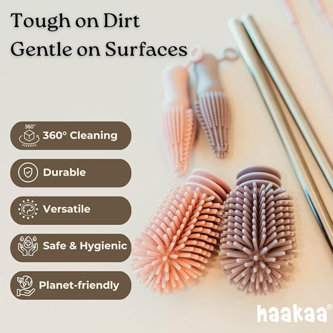 Haakaa Silicone Cleaning Brush Kit – Household Cleaning Brushes for Bottles and Crevices – Food-Grade Silicone: Dishwasher Safe (Kit-Grey)