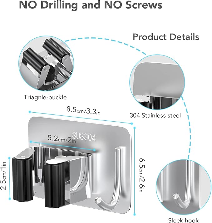 Mop Broom Holder No Drill, Mop Broom Organizer Wall Mounted Heavy Duty with Hooks Hanger, Self Adhesive Stainless Steel 4Pcs for Bathroom, Kitchen, Office (Multicolor)