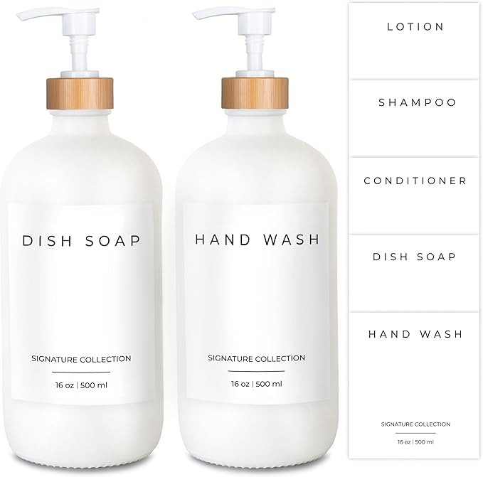 Emerson Soap Dispenser, Dish Soap Dispenser for Kitchen, Soap Dispenser Bathroom Set, Hand Soap Dispenser, Kitchen Soap Dispenser Set - Glass Soap Dispenser with Pump and Labels, 16 Oz, 2 Pack