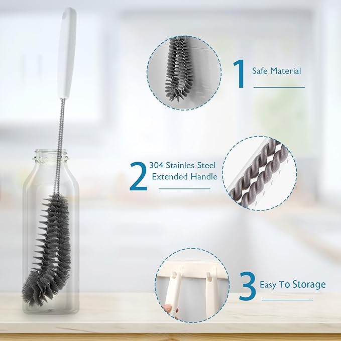 16 inches Long Handle Black Bottle Cleaning Brushes - Perfect for Baby Bottles, Sports Bottles, Glassware, Mugs, Jars, and Stemware (1-pc)