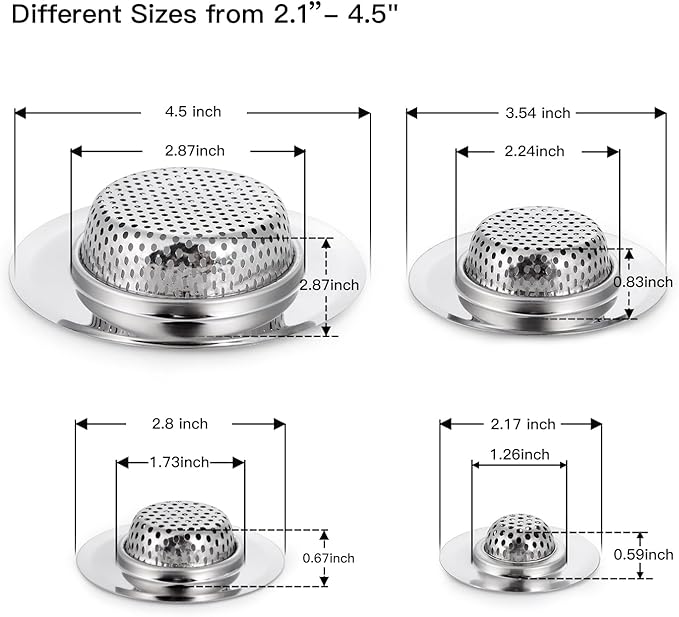 4 Pack Heavy Duty Stainless Steel Kitchen Sink Drain Strainer, Bathroom Hair Catcher Shower Drain Cover, Sink Tub Drain Stopper, Wash Basin Floor Drain, 2.1 to 4.5 Inch Diameter Rim