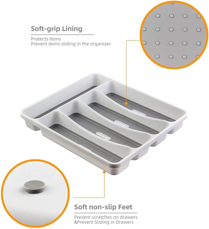 LeMuna Silverware Tray for Drawer, Plastic Cutlery Tray Kitchen Drawer Organizer, 5 Compartment Flatware Cutlery Organizer, Soft-Grip Lining and Non-Slip Rubber Feet