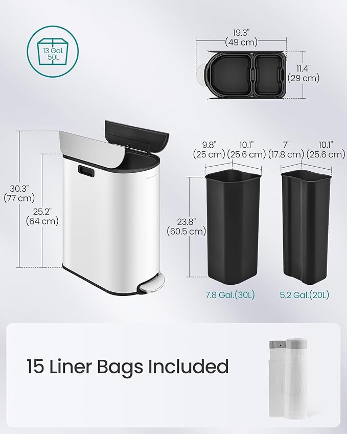 SONGMICS 13-Gallon Dual Kitchen Trash Can, 5.3 and 8 Gallon Compartments, Garbage Can with Wing Lids, Stainless Steel, Soft Close, Inner Buckets, Cloud White and Metallic Silver ULTB570W50