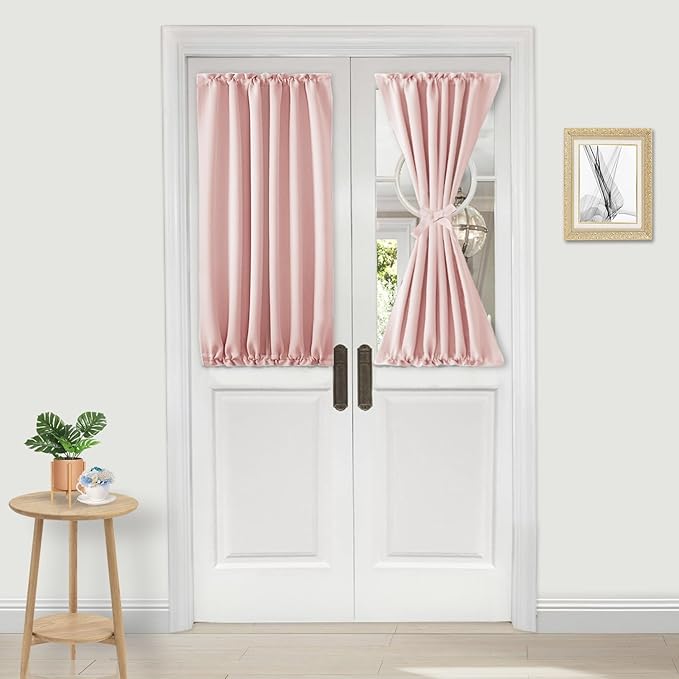 DWCN French Door Curtains – Rod Pocket Thermal Blackout Curtain for Doors with Glass Window, Kitchen and Patio Doors for Privacy, 25 X 40 Inches Long, 1 Curtain Panel with Tieback,Blush Pink