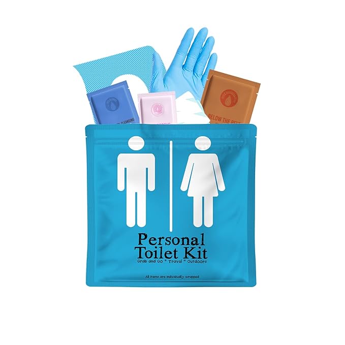 Personal Toilet Kit To Go – 10 Pack | Disposable Public Restroom Kit | Individually Wrapped for Toilet Protection Kit | Toilet Paper, Toilet Seat Cover, Butt Wipes, Cleansing Wipes (Light Blue)