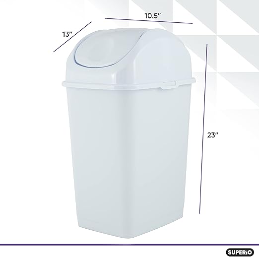 Superio Kitchen Trash Can with Swing Top Lid 9 Gallon Slim Waste Bin 37 Qt Sturdy Plastic Garbage Can Medium Recycling Bin for Office, Bathroom, Under Counter, Dorm, Bedroom (White-2 Pack)
