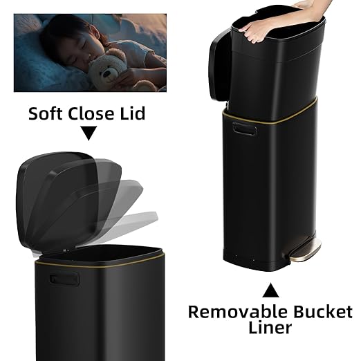 13 Gallon Trash Can with Lid, 50L Fingerprint Proof Stainless Steel Kitchen Trash Can with Removable Inner Bucket and Lid Soft Close, Pedal Rubbish Bin for Home Office, Black