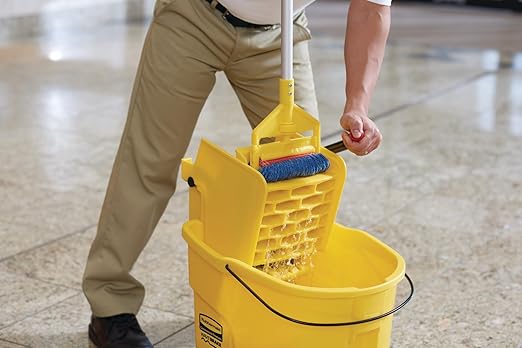 Rubbermaid Commercial Products WaveBrake 35 Qt. Side-Press Mop Bucket and Wringer Combo on Wheels Yellow for Professional/Industrial/Business Heavy-Duty Floor Cleaning/Mopping