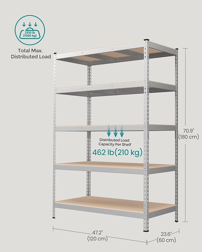 SONGMICS 5-Tier Storage Shelves, Load 2310 lb, Set of 2 Garage Storage, Boltless Assembly, Adjustable Shelving Unit, 23.6 x 47.2 x 70.9 Inches, for Study Shed Basement, Silver UGLR600E02
