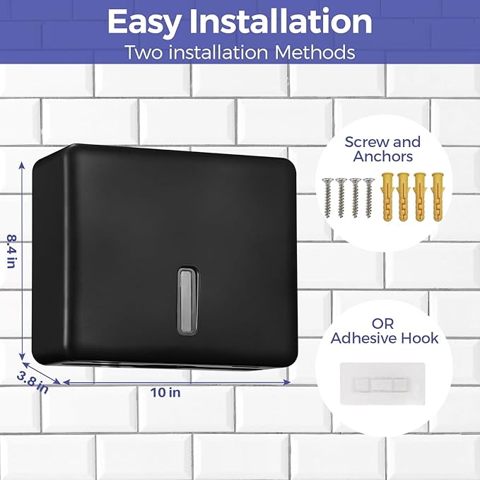 Multifold Paper Towel Dispenser Wall Mount (Black) – Large Capacity C-Fold, Trifold, and Folded Commercial Hand Towels Holder for Bathroom & Restroom – Adhesive or Screw Mounted