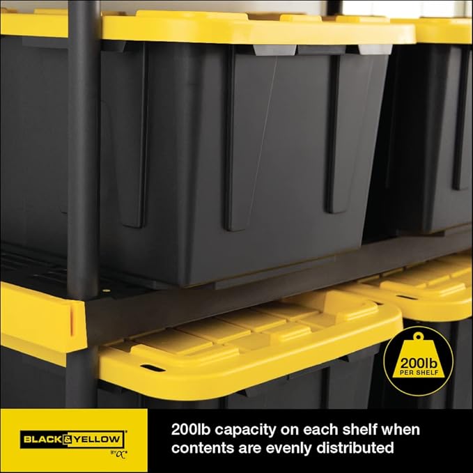 CX Black & Yellow®, Shelving Unit and Heavy Duty Storage Containers, Extremely Durable® (Shelf + 27 Gallon Container (8-Pack)