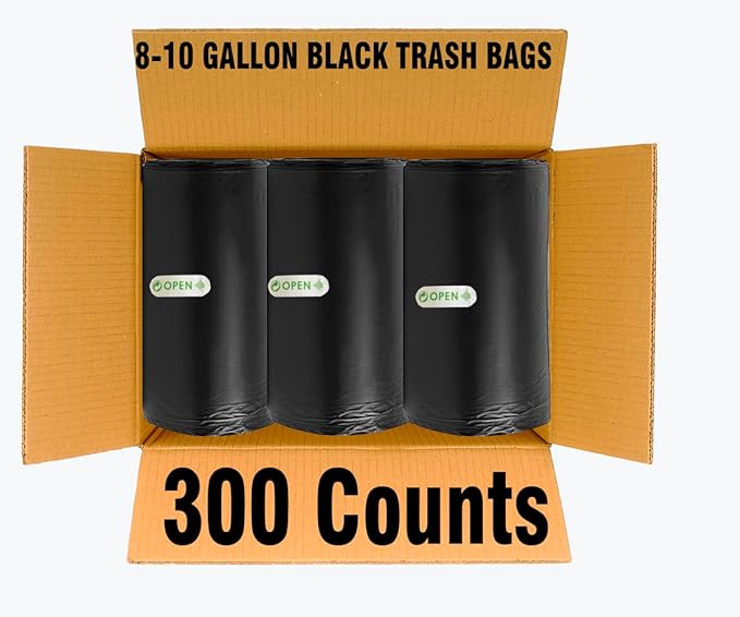 8-10 Gallon Trash Bags, 300 Count Black Garbage bags, Multi-purpose Trash Can Bin Liners for Bathroom, Office, Industrial, Commercial, Janitorial, Municipal, Recycling
