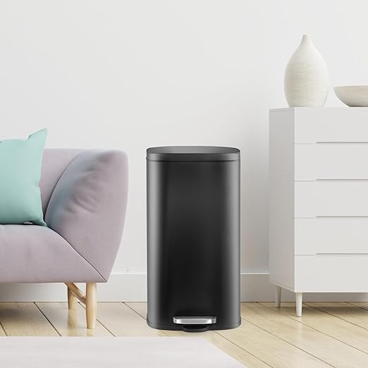 AthLike Trash Can, Stainless Steel Kitchen Garbage Can, Step Waste Bin with Hinged Lid and Removable Inner Bucket, Soft-Close, Dustbin for Bathroom Bedroom Living Room Home (Black, 13.2 Gal)