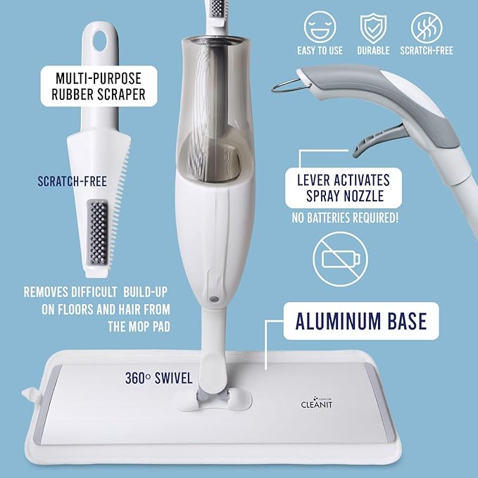 Don Aslett's Spray Mop Plus+ for Floor Cleaning| 360° Rotatable Head | Reusable Microfiber Pad | Rubber Scraper | Refillable Bottle | Suitable for All Floor Types Including Laminate, Hardwood, Tile