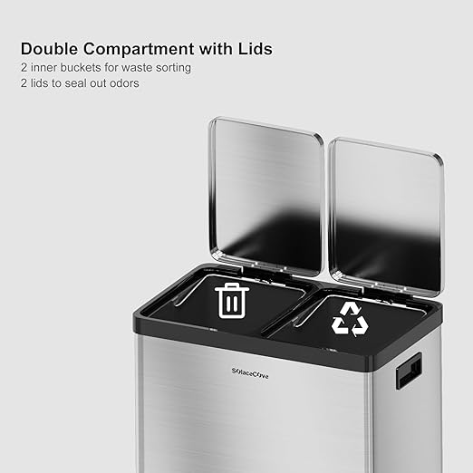 Kitchen Trash Can, 2 x 5.3 Gallon Garbage Can for Kitchen, Dual Compartment Recycling Trash Can, Trash and Recycle Bin Combo, Stainless Steel, Soft-Close Lid, Fingerprint Proof