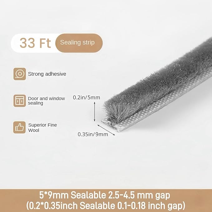 33 Ft Self-Adhesive Weather Stripping Door Seal Strip for Door Window, 0.35" Wide x 0.2" Thick, Gray