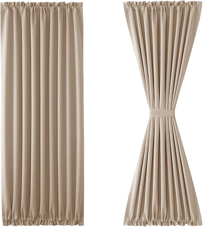 DWCN French Door Curtains – Rod Pocket Thermal Blackout Curtain for Doors with Glass Window, Kitchen and Patio Doors for Privacy, 54 X 80 Inches Long, 1 Curtain Panel with Tieback, Beige