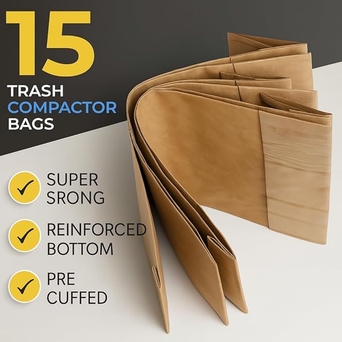 Trash Compactor Bags for Kitchen - 15 PACK - Pre-Cuffed, Super Strong & Heavy Duty Kitchen Trash Bags with Leak Proof Plastic Liner, Fits GE Model Compactors with Rectangular Containers