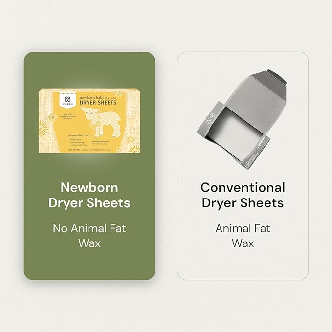 Grab Green Newborn Baby Dryer Sheets, 40 Sheets, Chamomile Scent, Plant and Mineral Based, Compostable, Softens Clothing and Linens, Reduces Static Cling