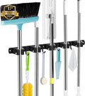 Black 5 Racks and 4 Hooks Mop and Broom Holder Wall Mount, Broom Organizer Storage Tool Racks Stainless Steel Heavy Duty Hooks Self Adhesive Solid Non-slip for Home Kitchen Garden Laundry Garage