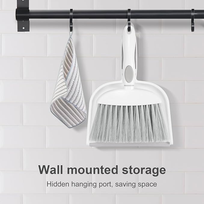 NACENA Small Dust Pan and Brush Set, Mini Broom and Dustpan Set Small Hand Broom and Brush Combo Dust Pan with Teeth for Home Cleaning Drawers Desktop Sofas Pet Care and Outdoor, White & Gray