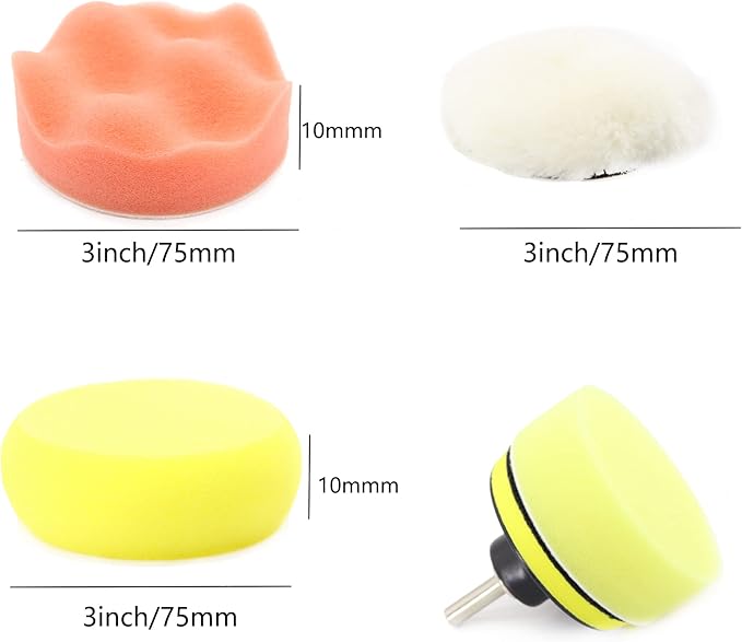 74PCS 3Inch Car Headlight Restoration and Polishing Kit, Sanding Discs with 1/4" and M10 Backing Pad,Scouring Pads, Interface Pad, Wool Polishing Buffing Pad Polishing Buffing Wheel