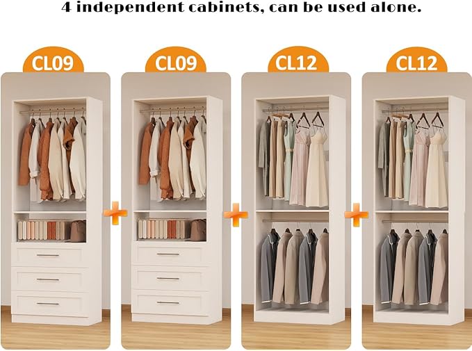 Closet System with 4 Sets, 8FT Closet Organizer Systems with 6 Wooden Drawers & 10 Hanging Rods, Walk in Closet Standalone Corner Closet System Modular Closet System Set White (8FT)