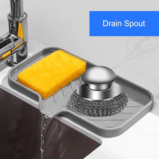 Sponge Holder for Kitchen Sink, Silicone Sponge Dish Tray with Drain Spout, Soap Dispenser Holder for Shower Bathroom (Grey, 9.8" x 4.9")