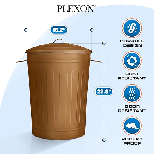 Plexon Round Trash Can 13 Gallon, Vintage Metal Outdoor Trash Can with Lid, Retro Farmhouse Garbage Container, Old School Modern Ash Bucket, Copper 3 Pack