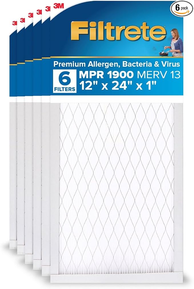 Filtrete 12x24x1 AC Furnace Air Filter, MERV 13, MPR 1900, Premium Allergen, Bacteria & Virus Filter, 3-Month Pleated 1-Inch Electrostatic Air Cleaning Filter, 6-Pack (Actual Size 11.69x23.69x0.78 in)