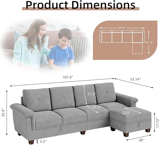 JAMFLY 108" Modular Sectional Sofa with Storage, L Shaped Sofa Couch with Reversible Ottoman, 4-Seat Convertible Sectional Couches with Cup Holders for Living Room, Apartment, Light Grey