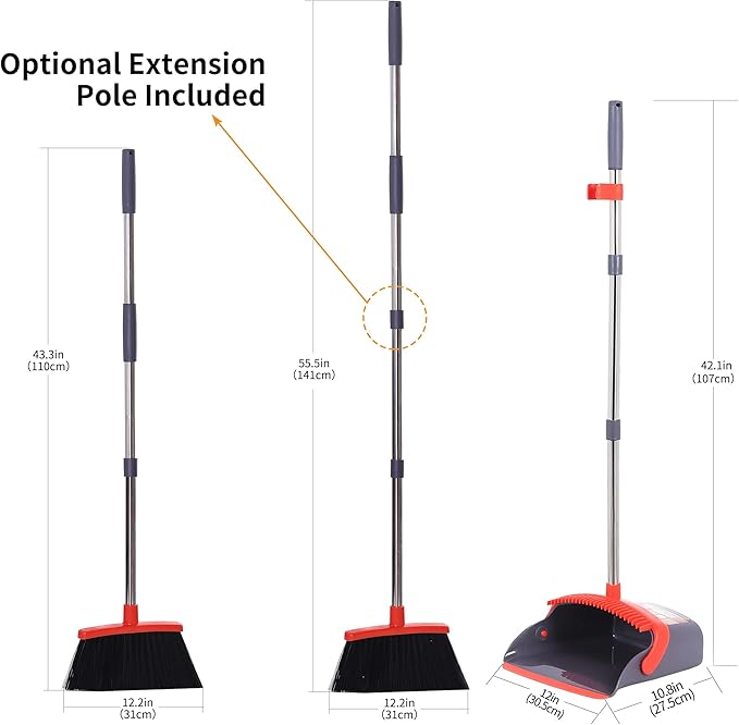 Broom with Dustpan Combo Set Broom and Dustpan Set Dust Pan with Stainless Steel Long Handle, Brooms with 5-Layer Soft Bristles for Sweeping Office Kitchen Home Pet Hair Lobby